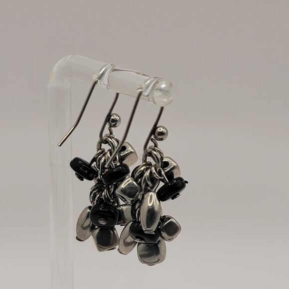 Dangle Drop Earrings Cha Cha Silver Tone Black Metal Acrylic Beads Pierced Hooks - Picture 4 of 6